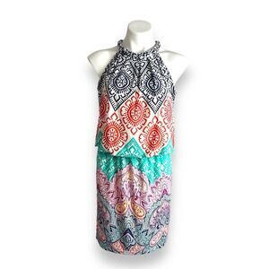London Times Mini Dress Size 4 Halter Multicolor Geometric Paisley Bohemian Y2K